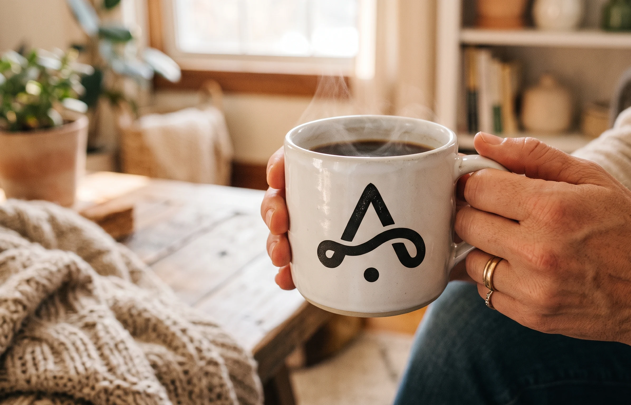 Persona sosteniendo con las dos manos una taza de cerámica personalizada con el logo de una marca