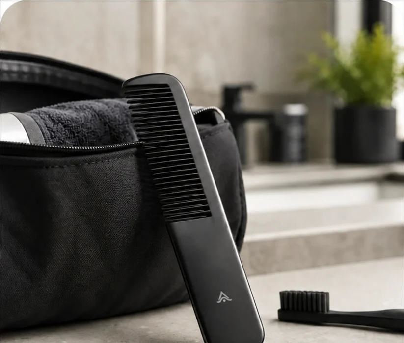 Peine personalizado con logo en el kit de bienvenida de una peluquería