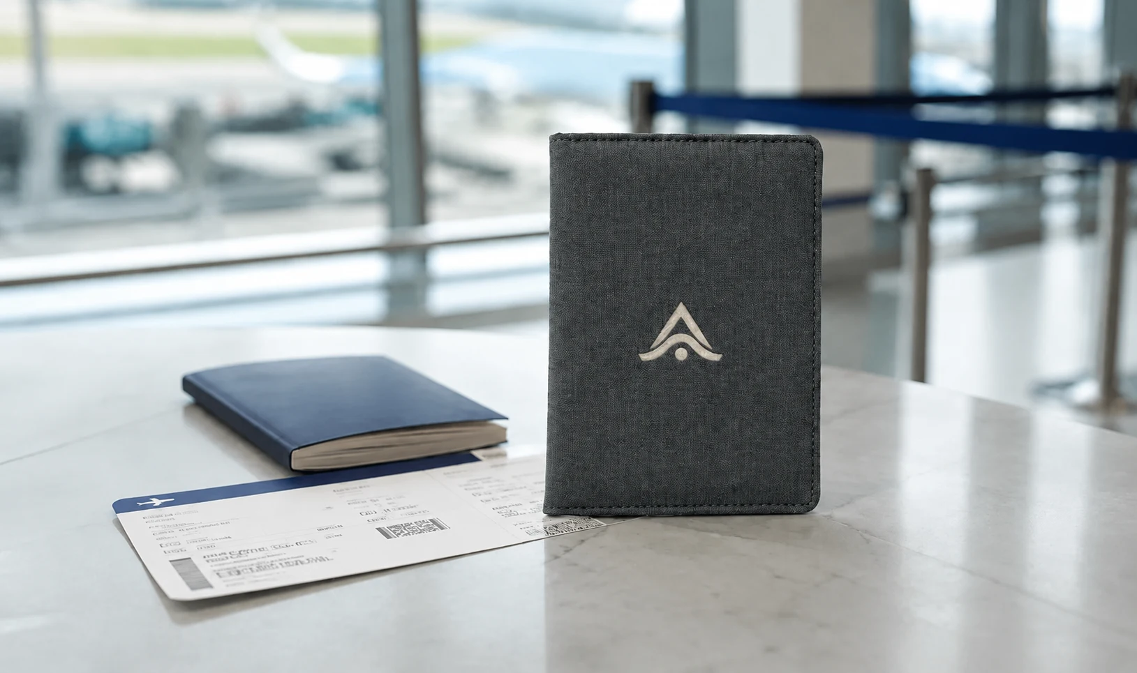 Porta pasaporte personalizado con logo impreso en un mostrador de embarque