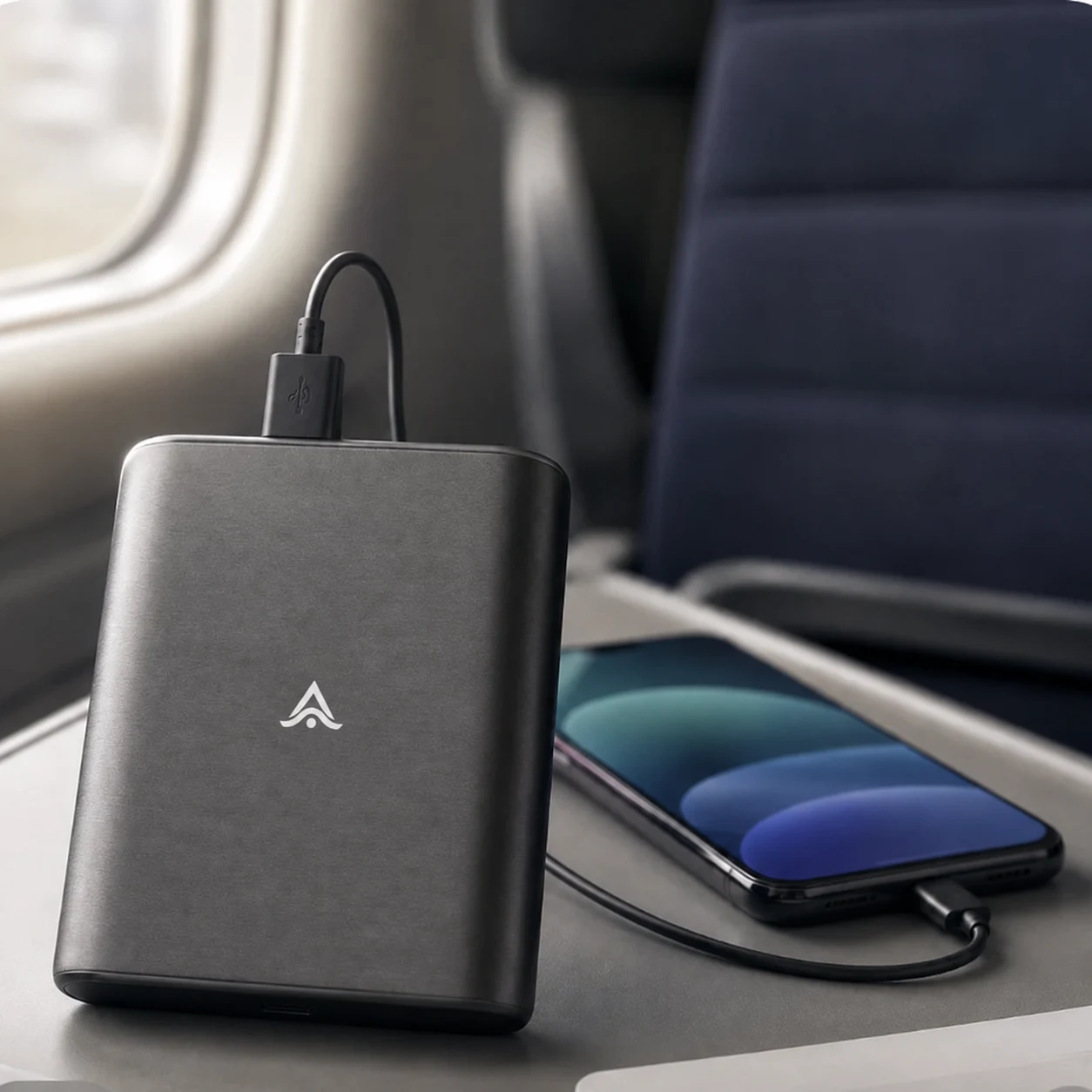 Power bank personalizado con logo, sobre una mesa de sala de espera junto a un móvil cargando