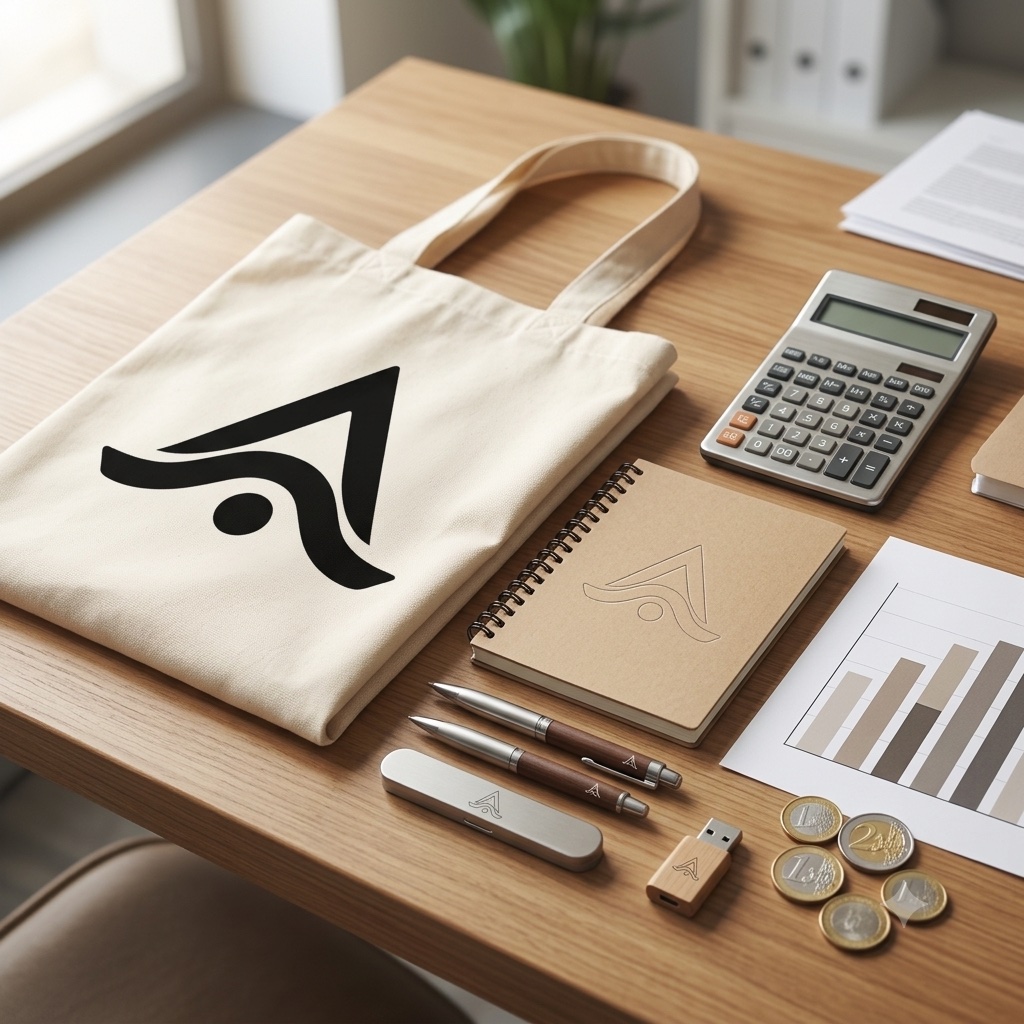 Bolsa de tela, libreta, boligrafo y memoria USB personalizados junto a una calculadora y una grafica de presupuesto, representando el calculo del presupuesto para regalos publicitarios