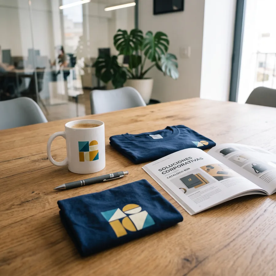 Muestras físicas de bolígrafo, taza y camiseta personalizados junto a un catálogo impreso sobre una mesa de reunión
