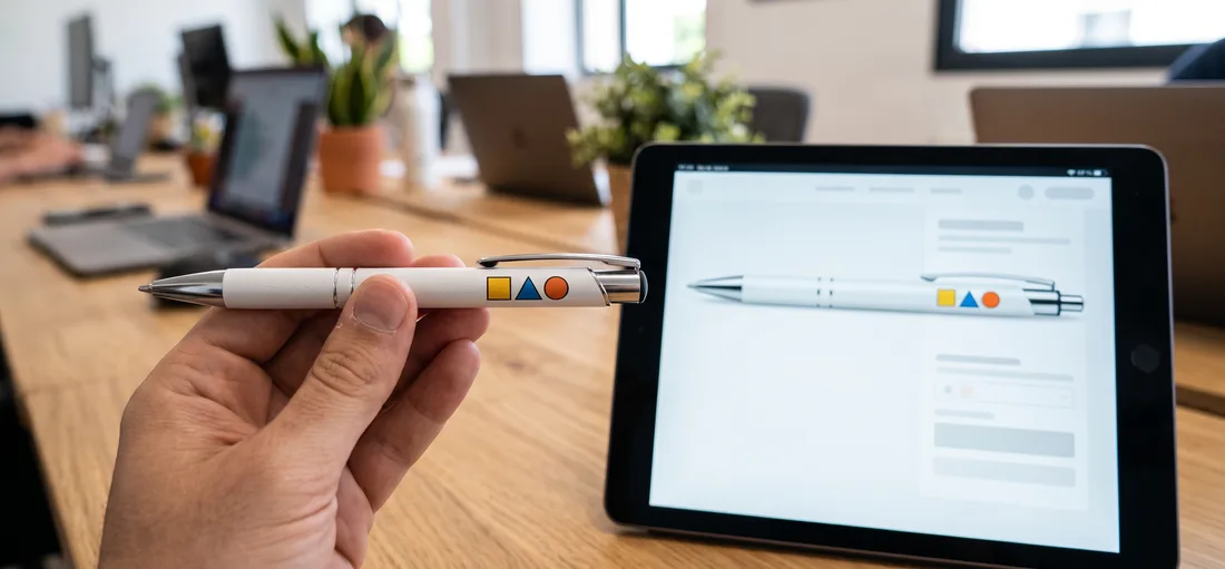 Muestra física de un bolígrafo personalizado comparada con su mockup en pantalla
