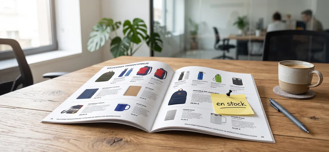 Catálogo impreso de productos personalizados con etiquetas de stock real