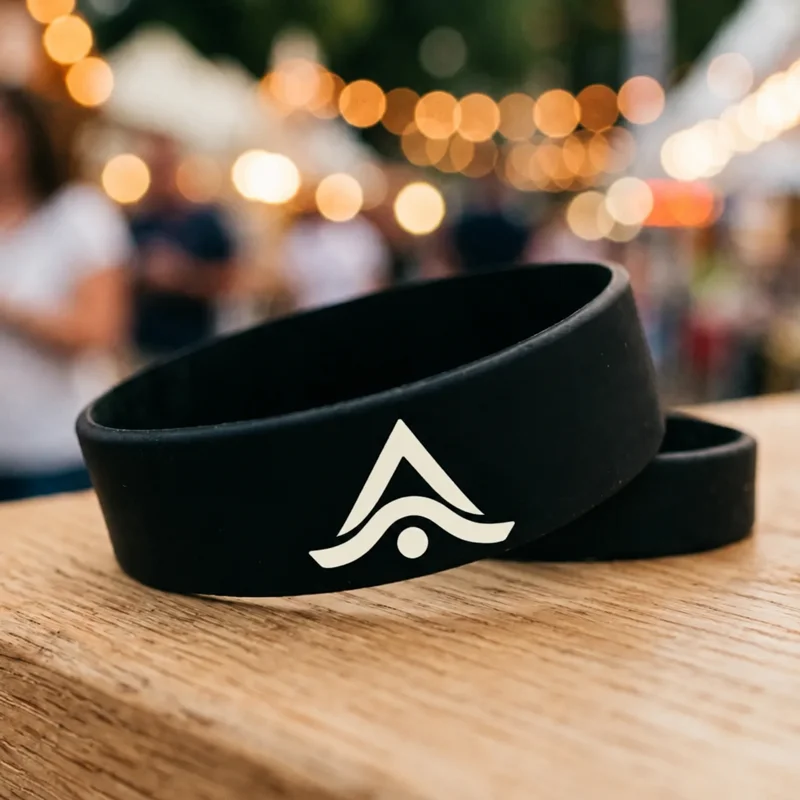 Pulsera de silicona personalizada con logo bordado en una muñeca en un evento
