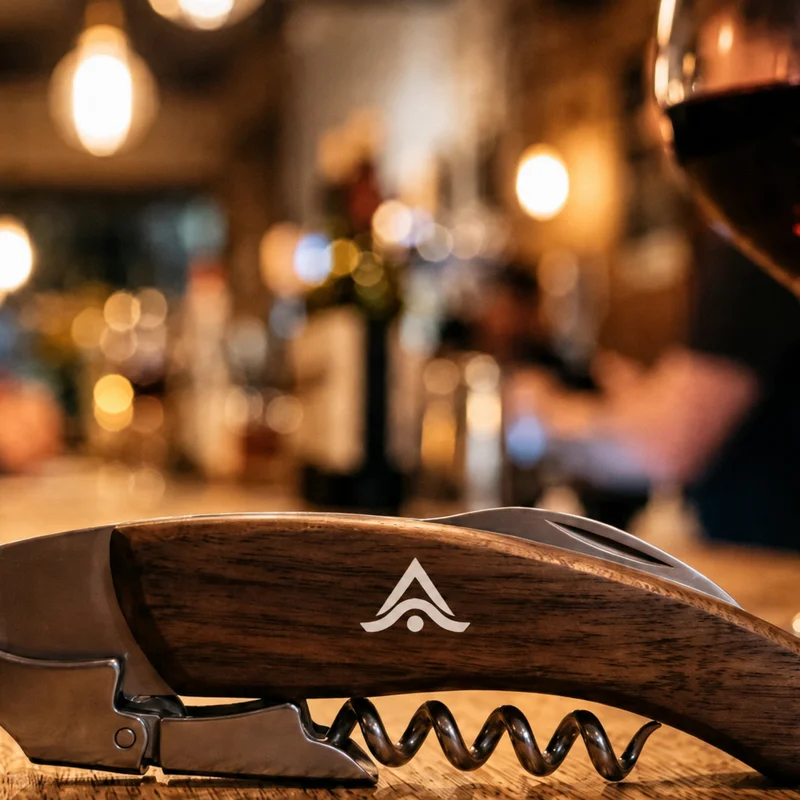 Sacacorchos de camarero personalizado con logo, sobre una mesa de bar junto a una botella de vino