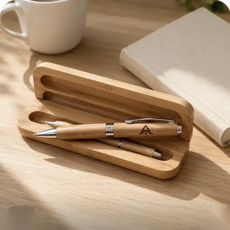 Set de escritura de bambú personalizado con logo grabado, sobre un escritorio junto a una libreta y un café