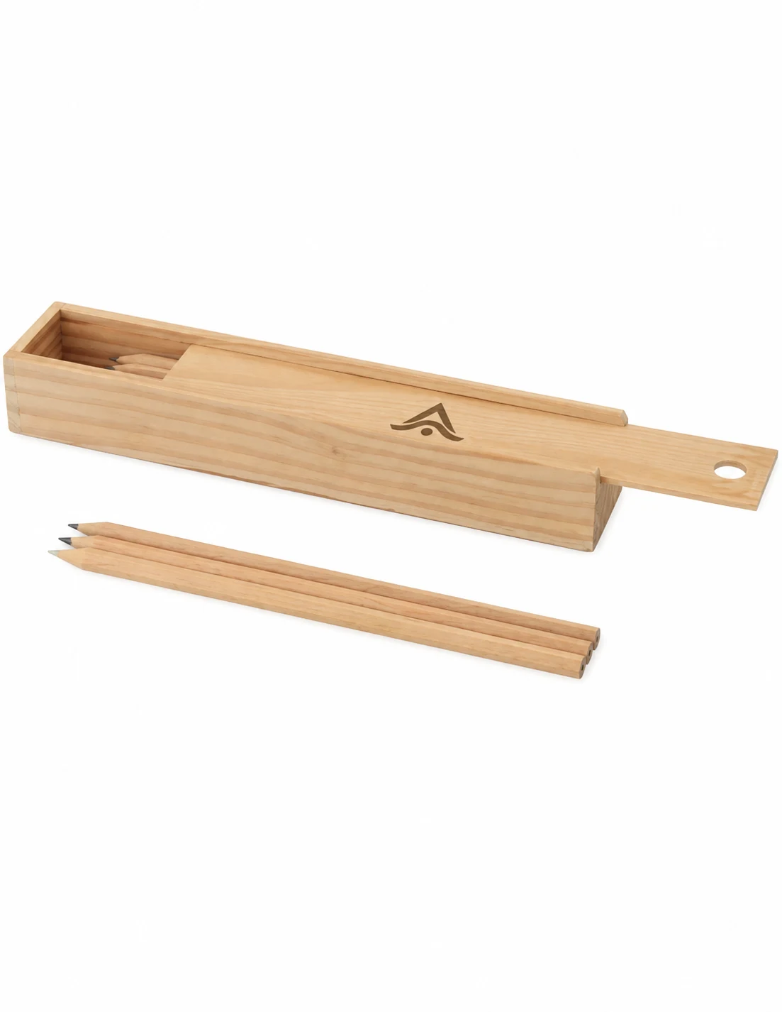 Estuche de madera con lápices personalizado con el logo grabado en la tapa