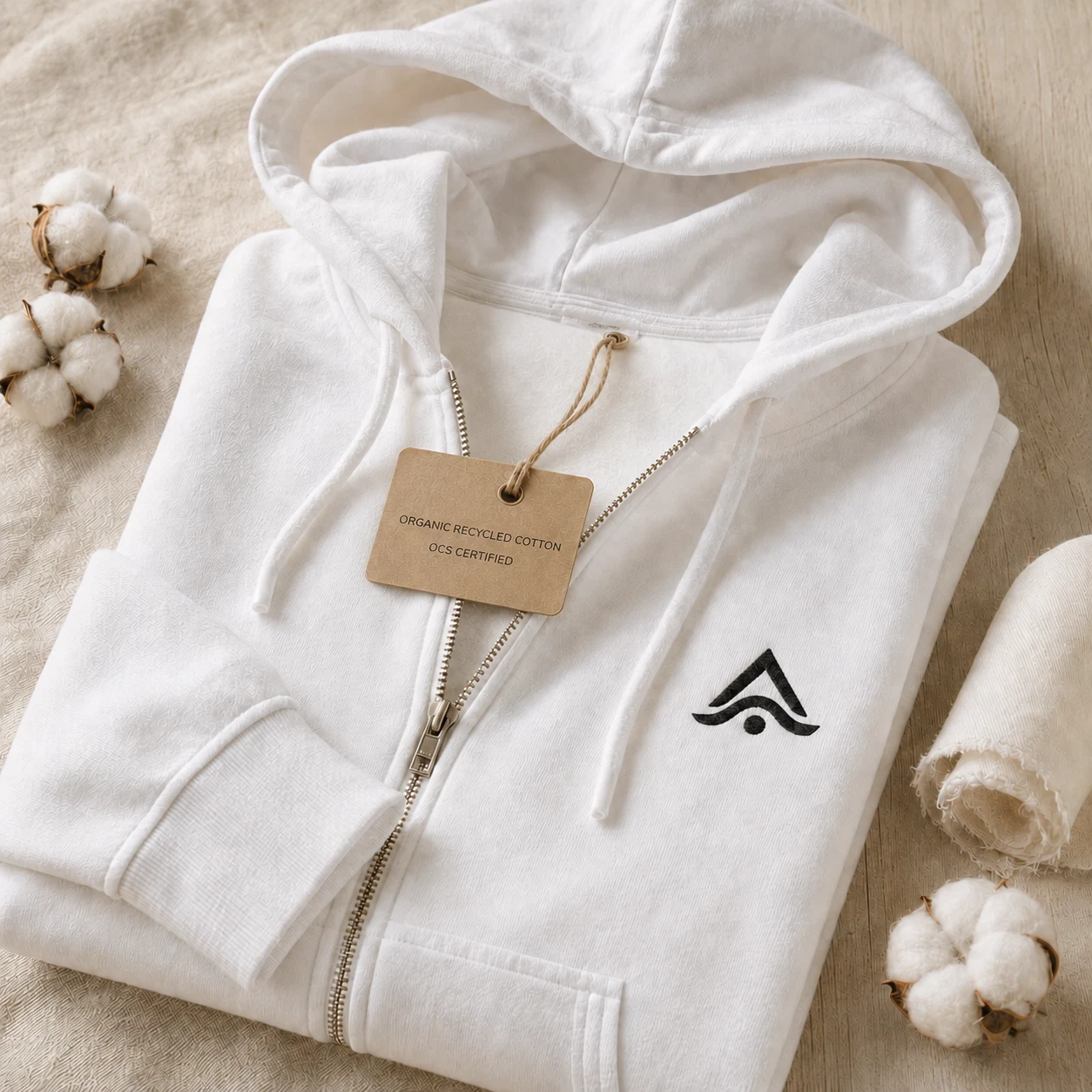 Sudadera blanca de algodón orgánico reciclado con certificado OCS, logo bordado y etiqueta de tejido