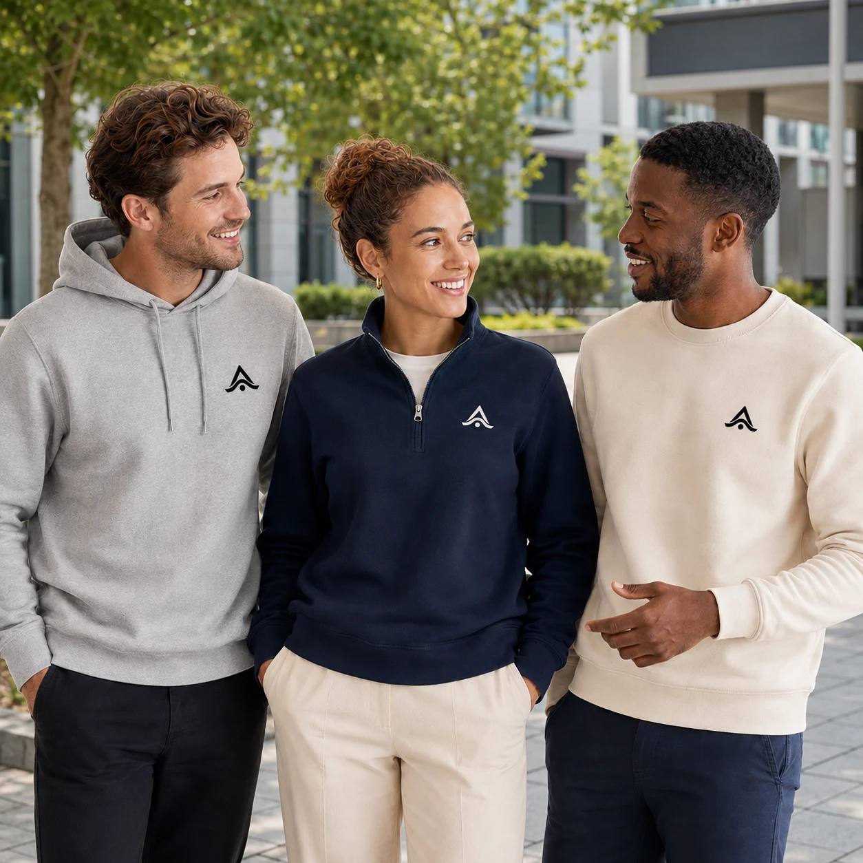 Tres personas con sudadera personalizada con logo bordado: capucha, media cremallera y cuello redondo