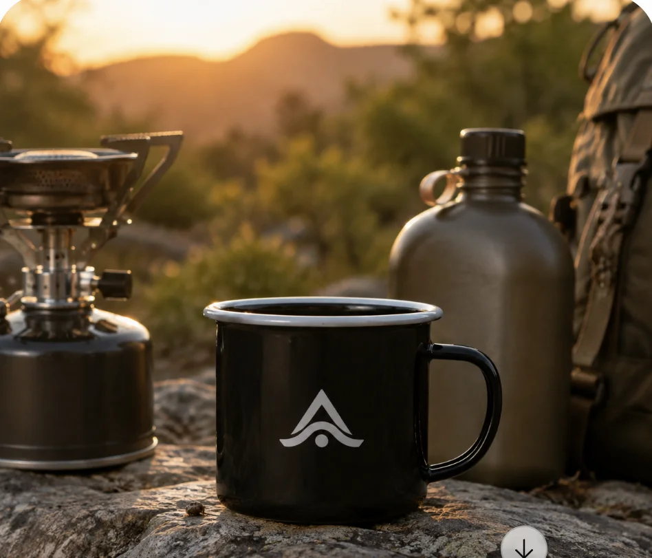 Taza esmaltada de acero personalizada con el logo grabado, en un campamento al aire libre