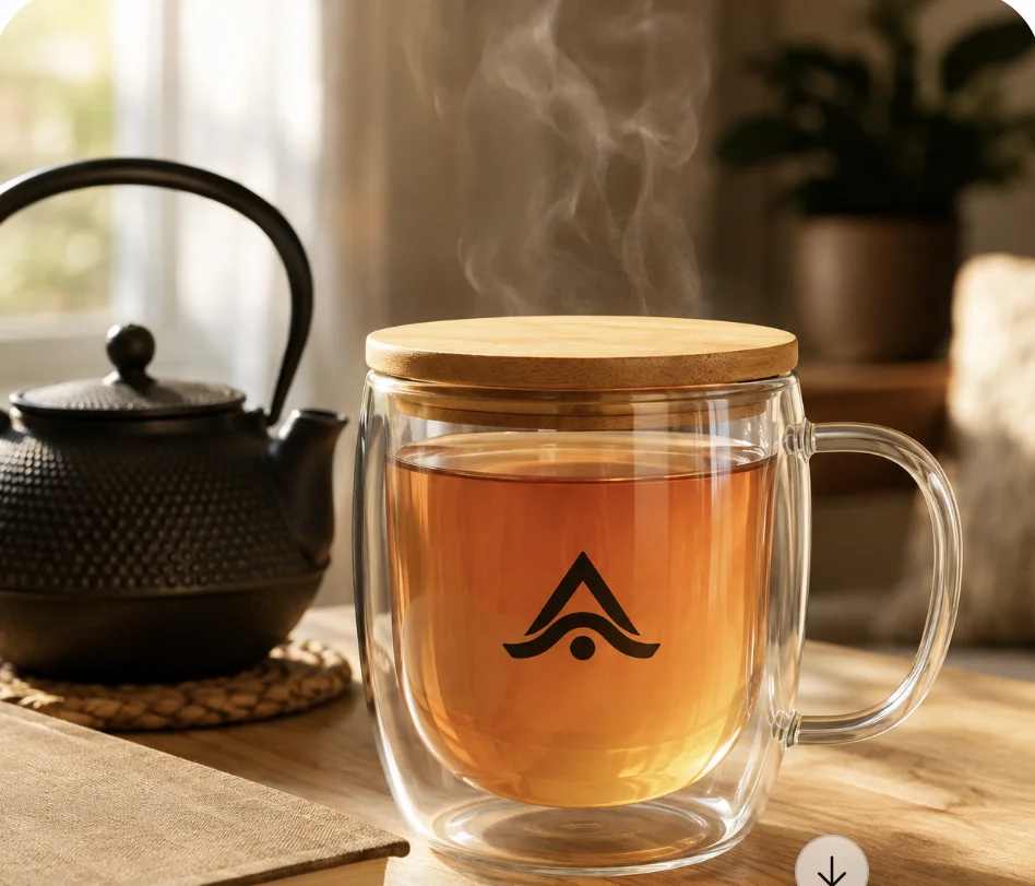 Taza de vidrio de doble pared con tapa de bambú personalizada con el logo grabado, con infusión humeante