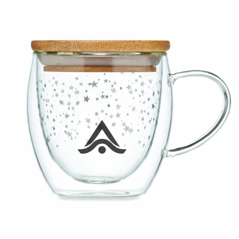 Taza de vidrio borosilicato personalizada con logo grabado