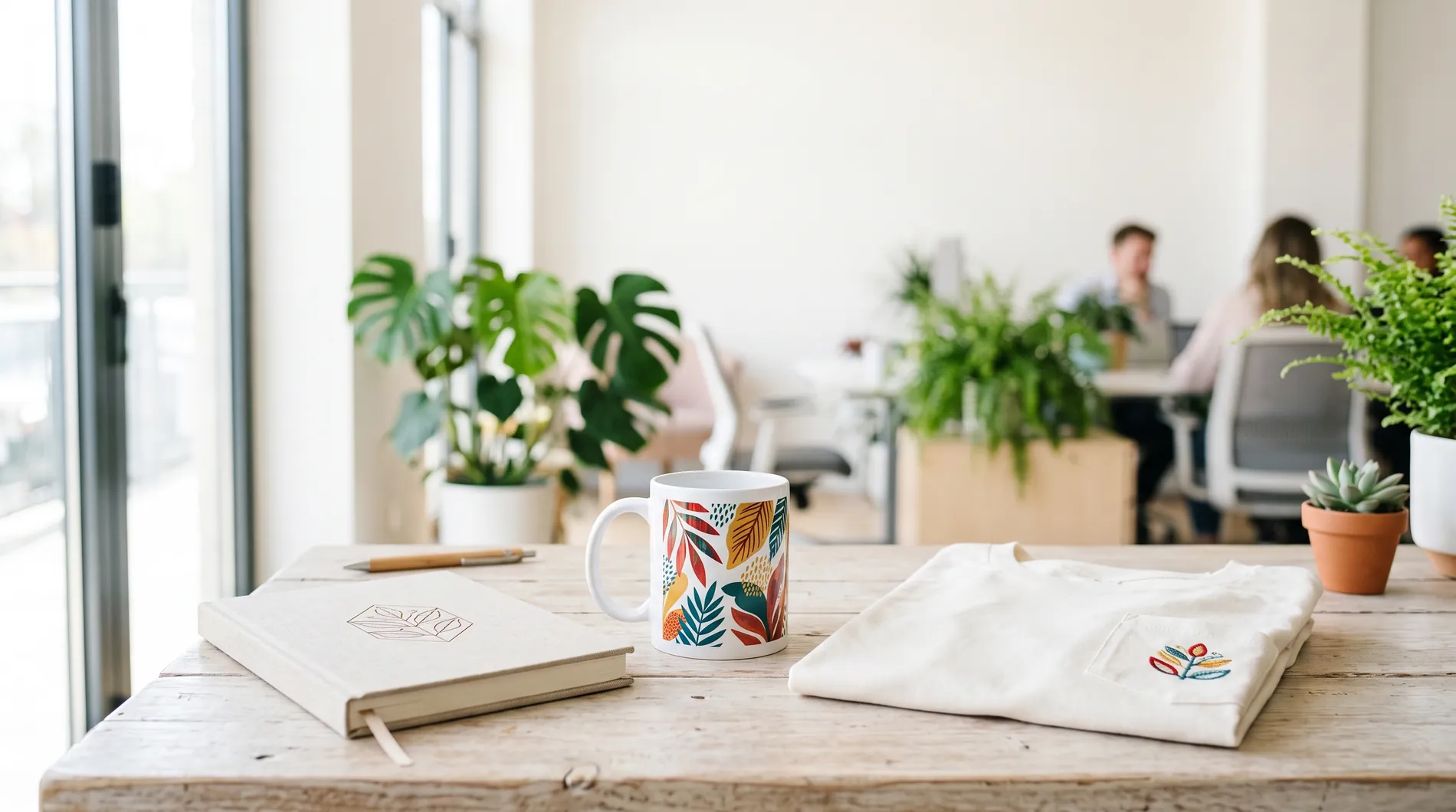 Artículos personalizados con distintas técnicas de marcaje: cuaderno grabado, taza sublimada y camiseta bordada