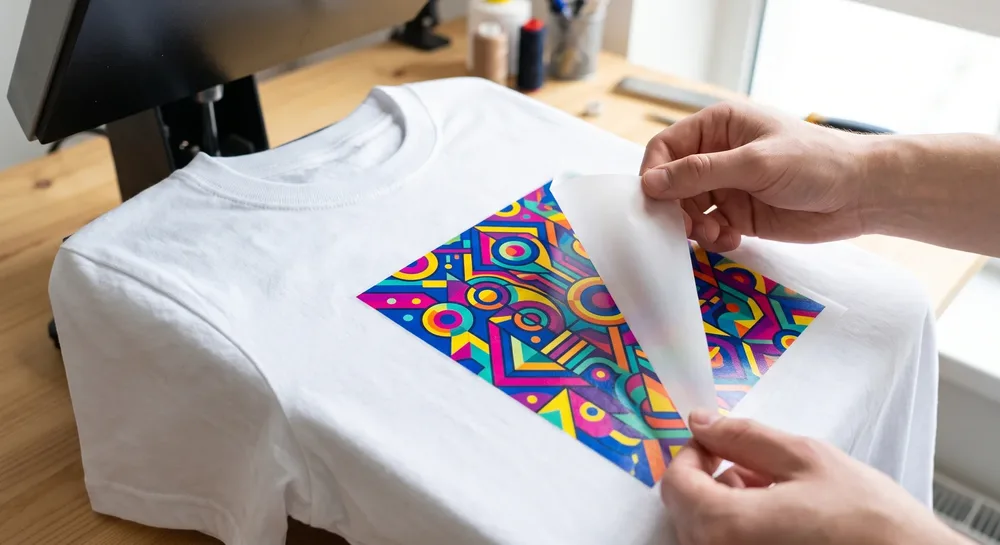 Transfer DTF a todo color siendo aplicado sobre una camiseta