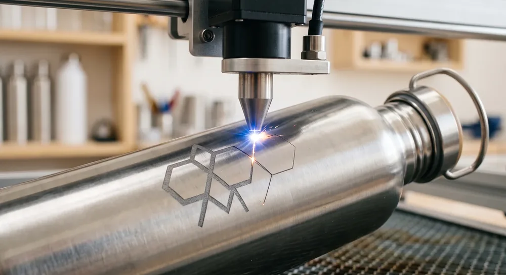 Máquina de grabado láser marcando un logo en una botella térmica de acero