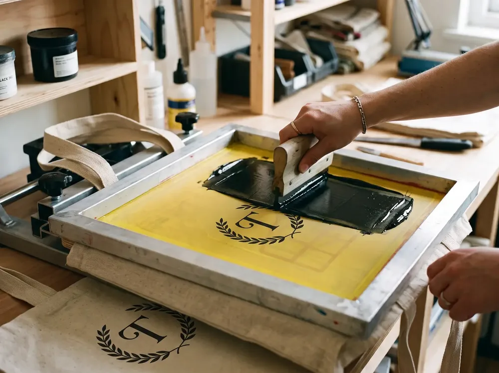 Rasqueta aplicando tinta serigráfica sobre una bolsa de algodón