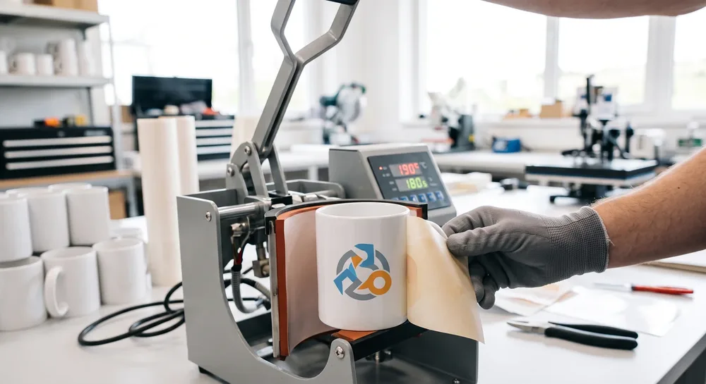 Prensa de sublimación transfiriendo un logo a una taza de cerámica