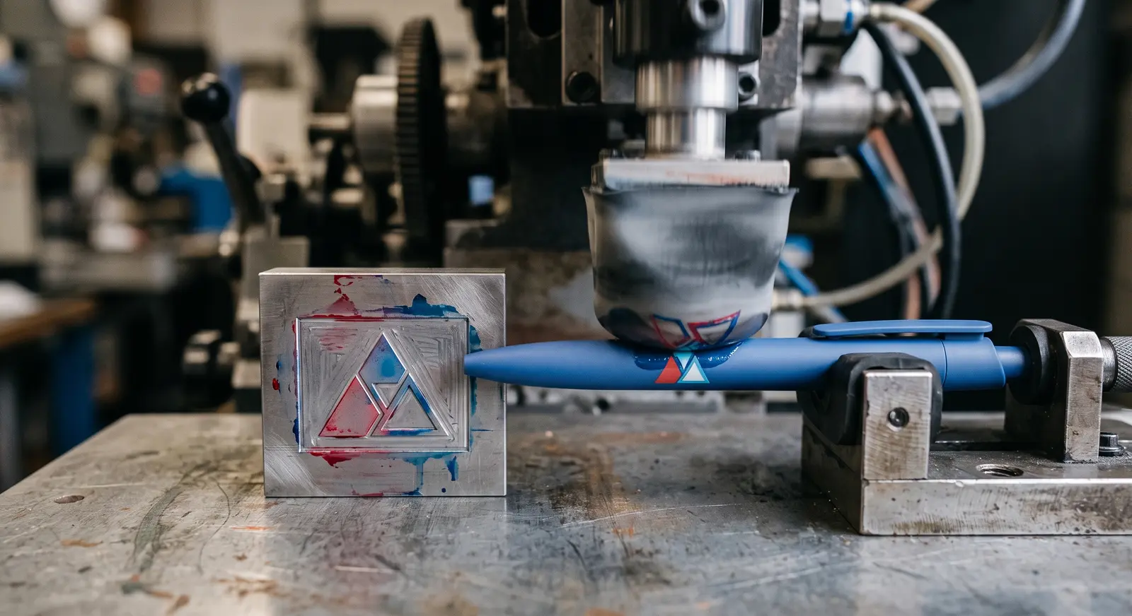Tampón de silicona transfiriendo un logo desde un cliché grabado a un bolígrafo personalizado