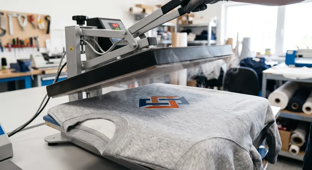 Plancha térmica aplicando un transfer sobre una sudadera