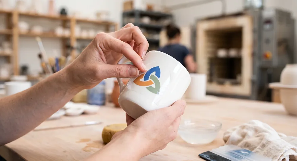 Aplicando una calca vitrificable sobre una taza de cerámica antes del horno