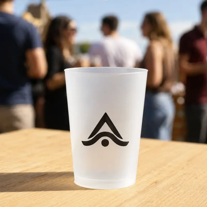 Vasos de plástico personalizados servidos en la barra de un festival