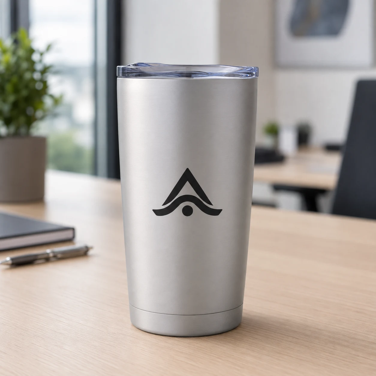 Vaso térmico de acero inoxidable personalizado con logo en una oficina