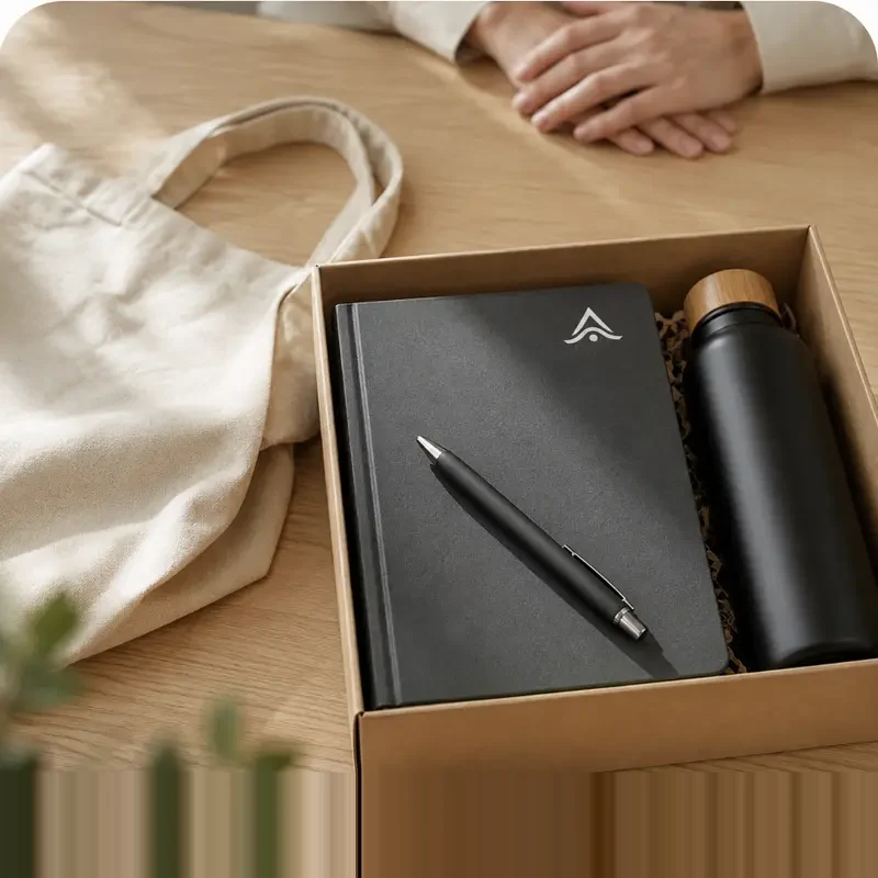 Welcome pack personalizado con logo en libreta, bolígrafo y botella, recién abierto sobre una mesa de oficina